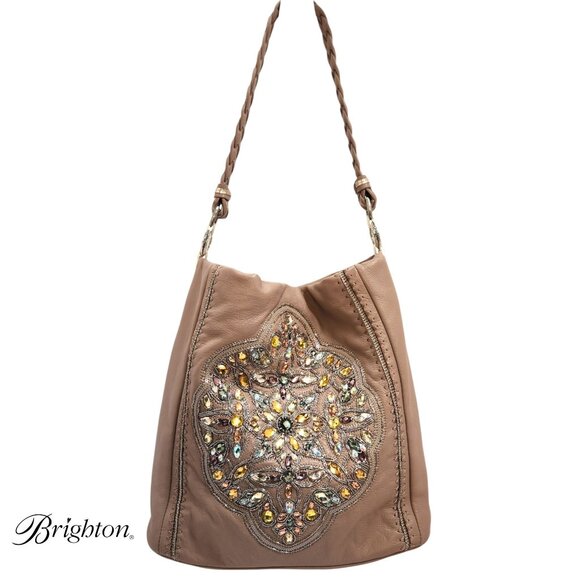 Brighton Anju Masterpiece Sequin Beads Soft Taupe Leather Bucket Bag MSRP $495